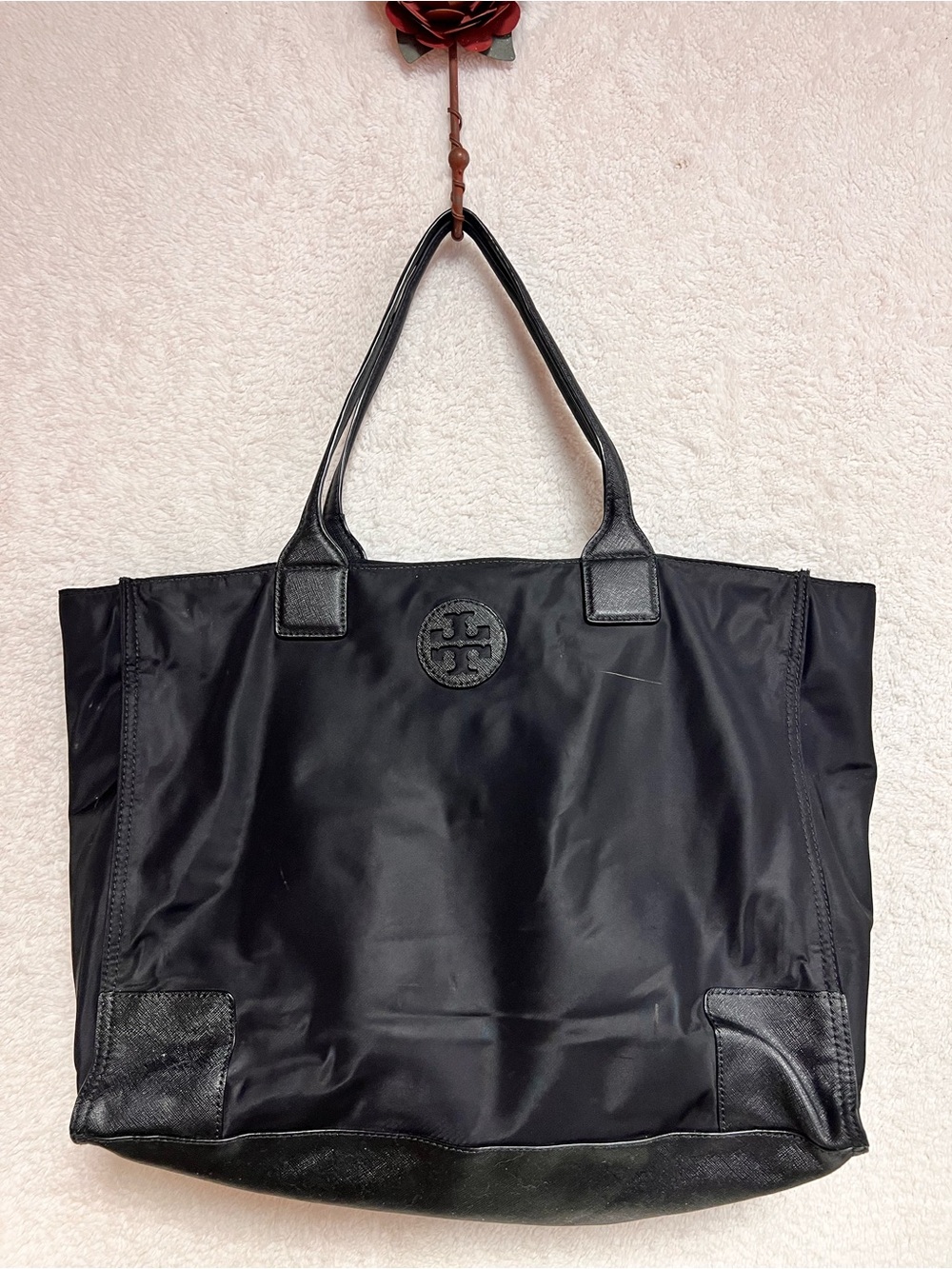 Tory Burch Black Nylon and Leather-Trim Tote